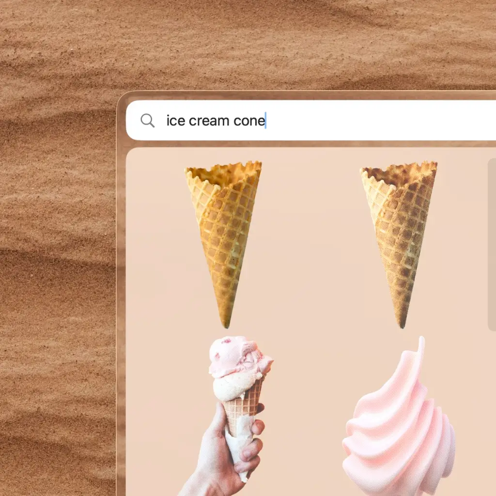 Sharkfin searchbar showing results for 'ice cream cone' on a sandy textured background
