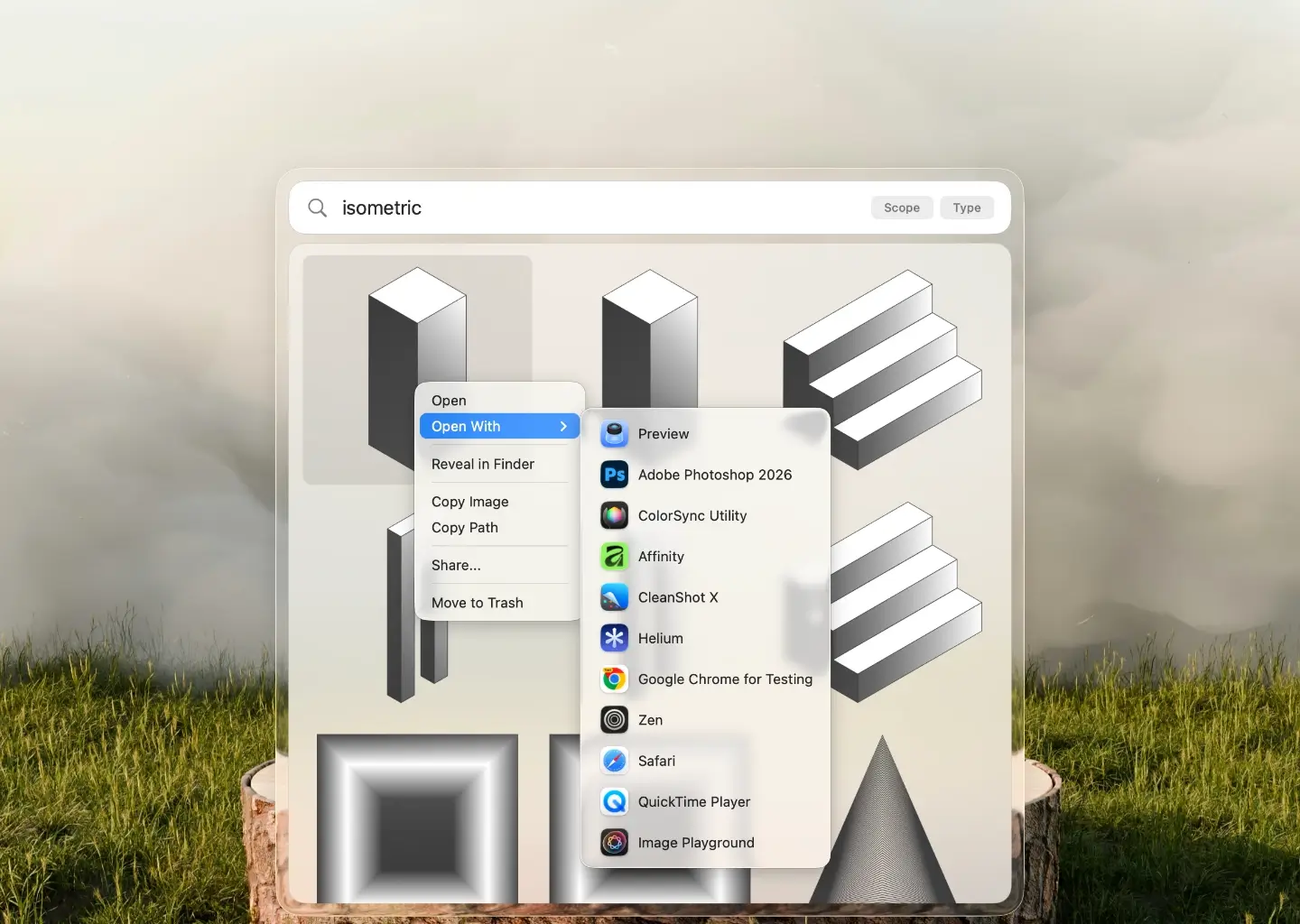 Sharkfin searchbar results for the search term 'isometric' with the search result item context menu open