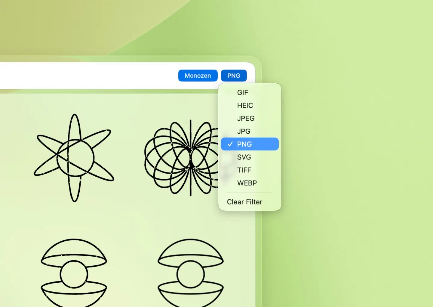 Sharkfin searchbar with the 'type' filter opened, selected to filter only PNG images