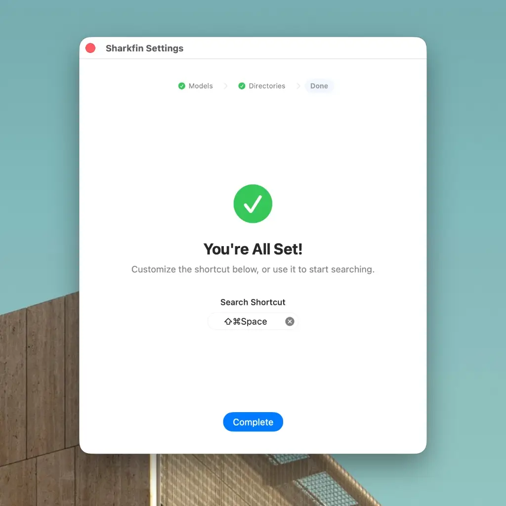 Sharkfin's Onboarding Completed screen