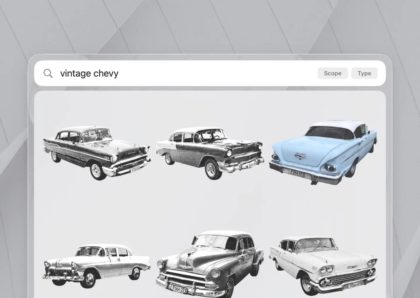 Sharkfin searchbar showing results for the search term 'vintage chevy'